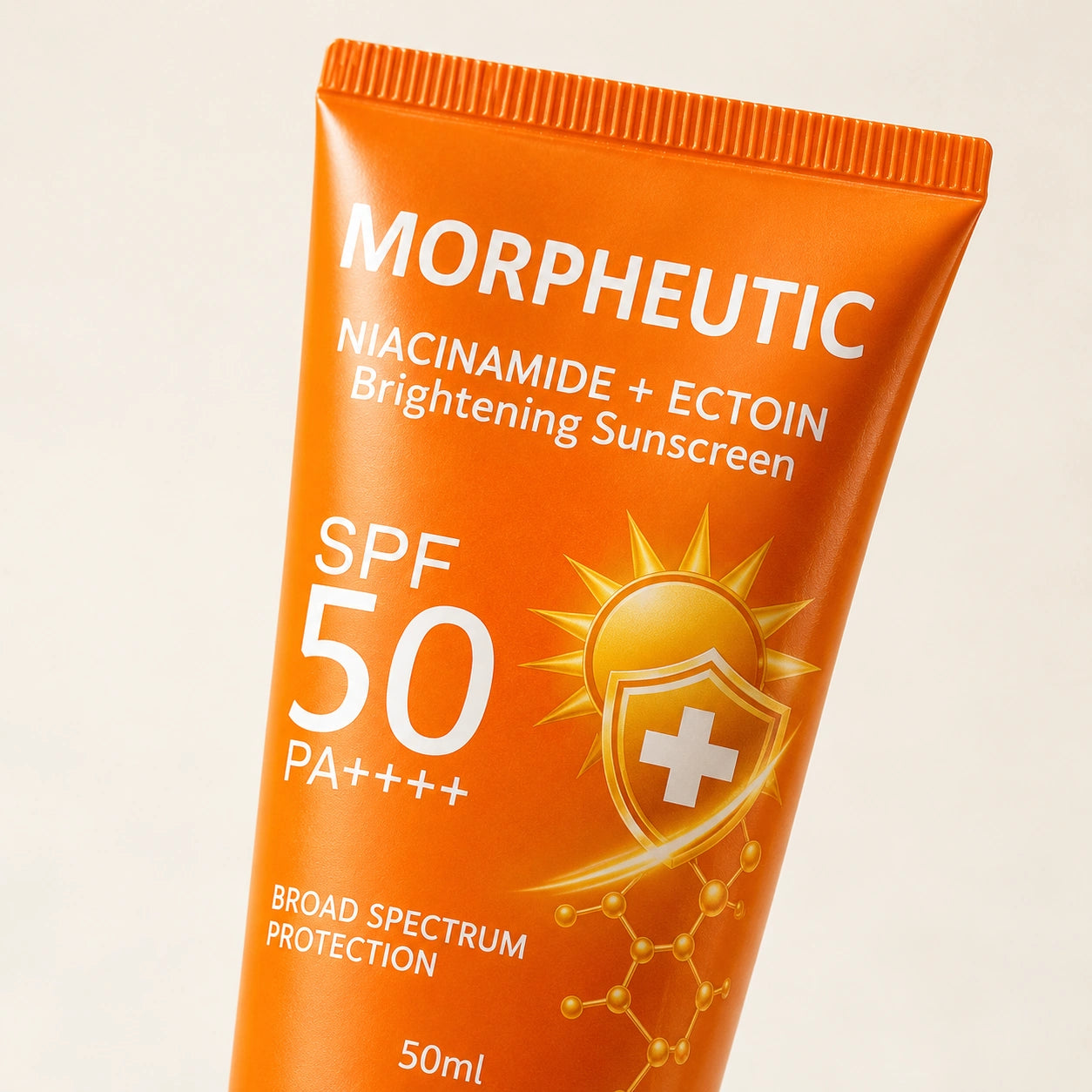 Morpheutic Brightening Sunscreen tube, detail