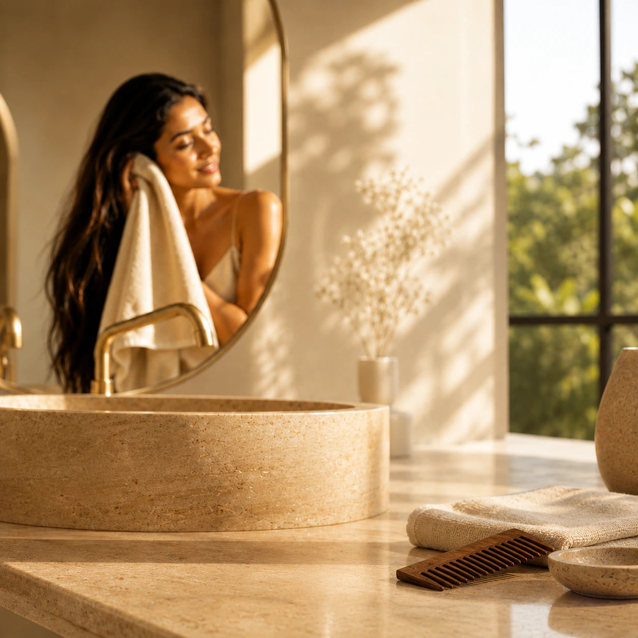 A calm, sunlit bathroom moment — everyday self-care