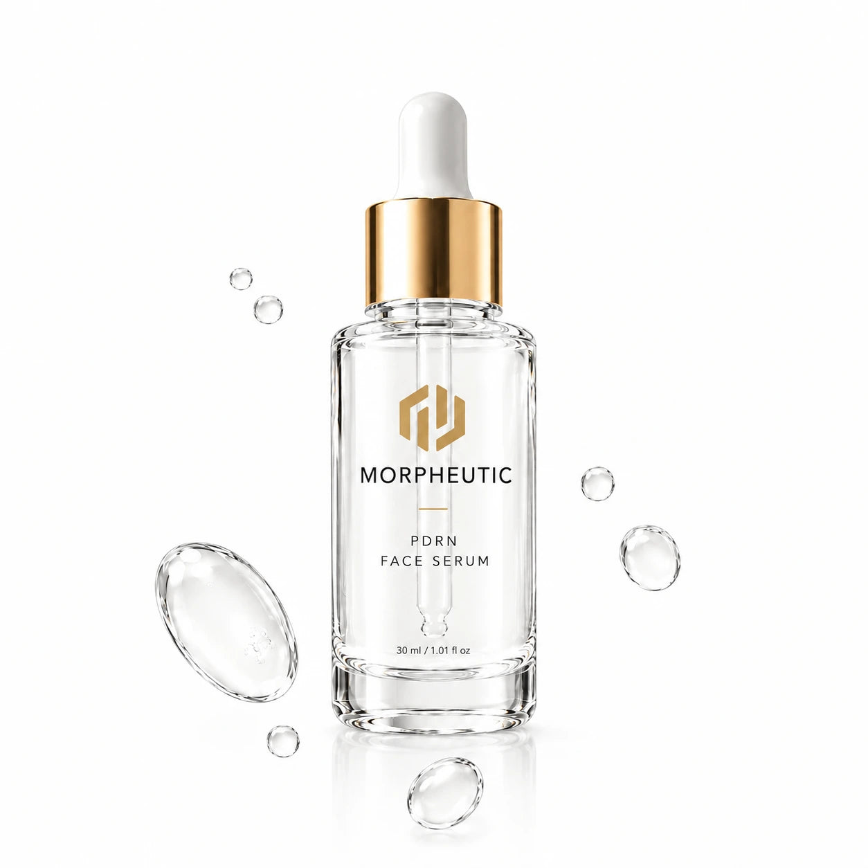 Close-up of the Morpheutic PDRN Face Serum bottle with serum droplets