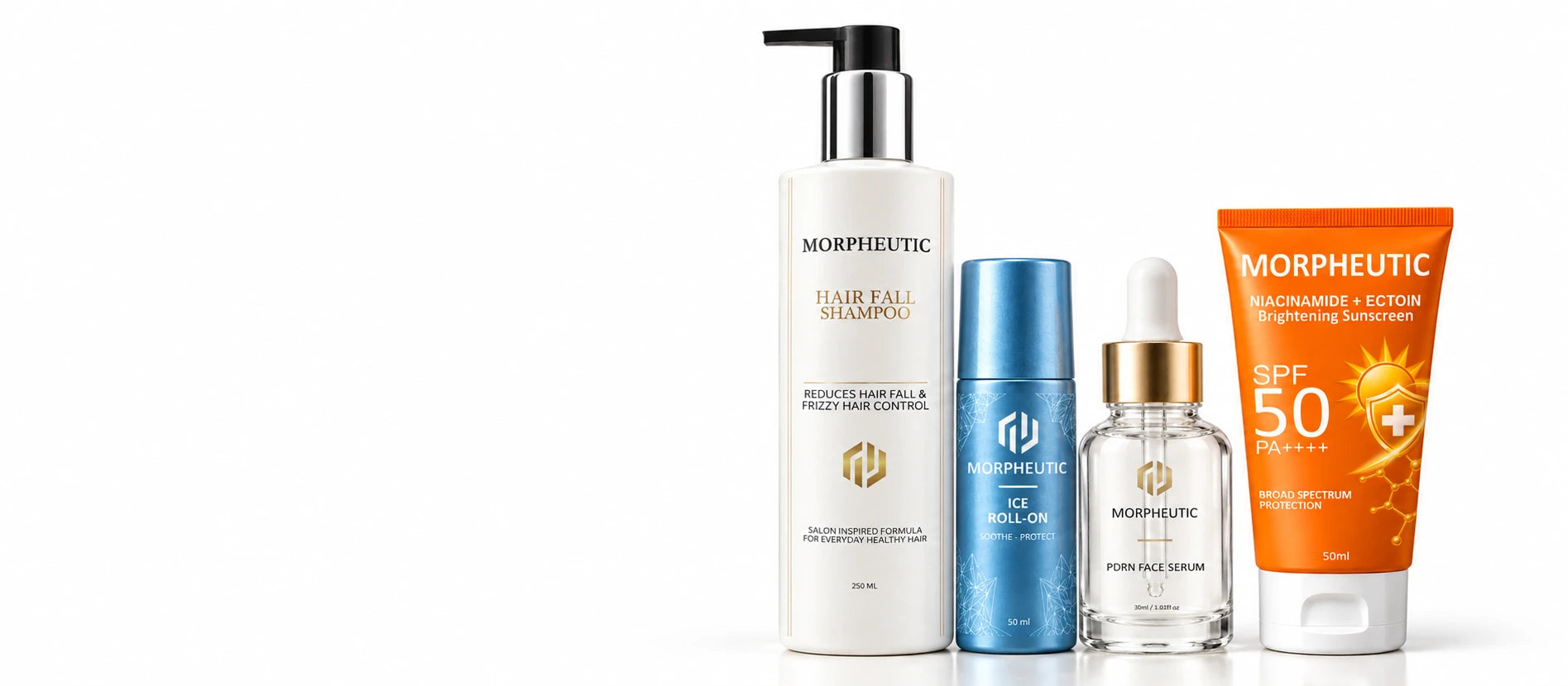 The Morpheutic collection: Hair Fall Shampoo, Ice Roll-On, PDRN Face Serum and Niacinamide + Ectoin Brightening Sunscreen