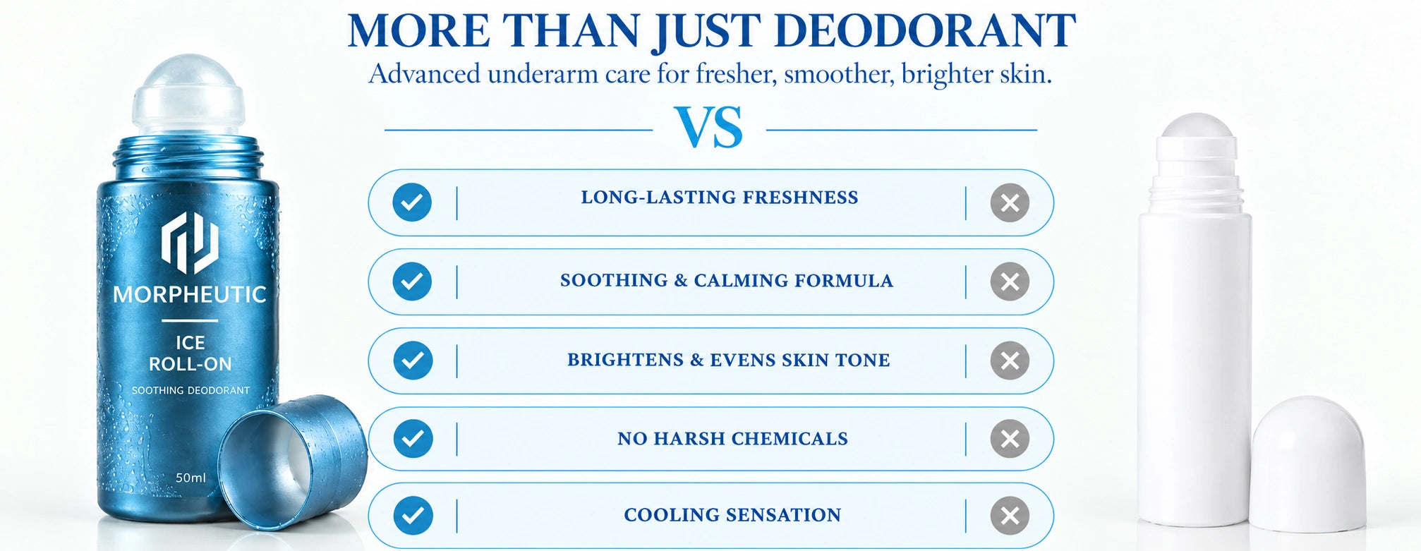 MORPHEUTIC Ice Roll-On versus other underarm roll-ons — 'More than just deodorant': long-lasting freshness, soothing and calming formula, brightens and evens skin tone, no harsh chemicals, and a cooling sensation.