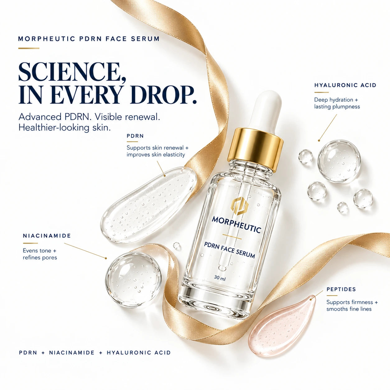 MORPHEUTIC PDRN Face Serum — 'Science, in every drop.' brand hero banner