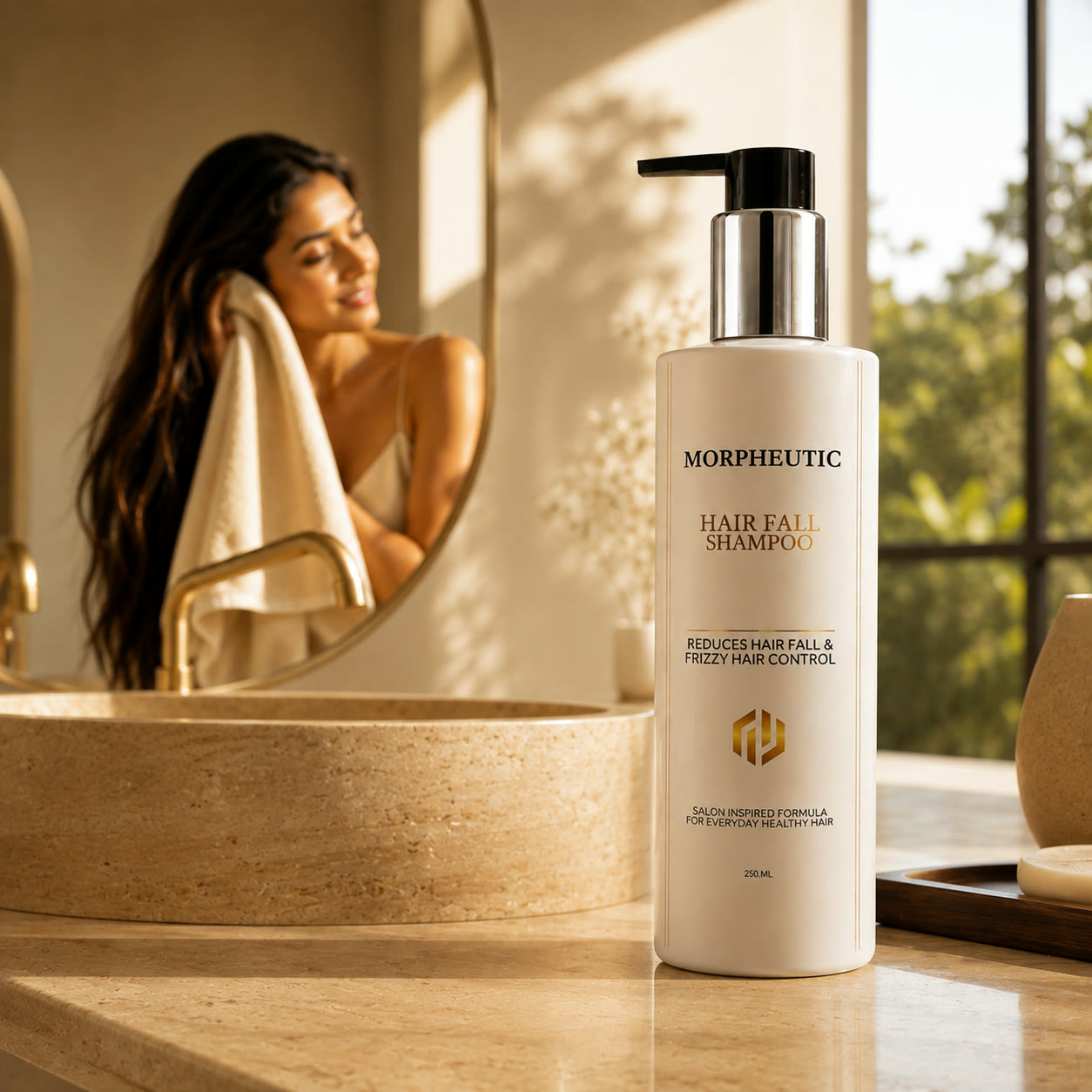 A woman drying her hair with a towel, Morpheutic Hair Fall Shampoo on a bathroom counter